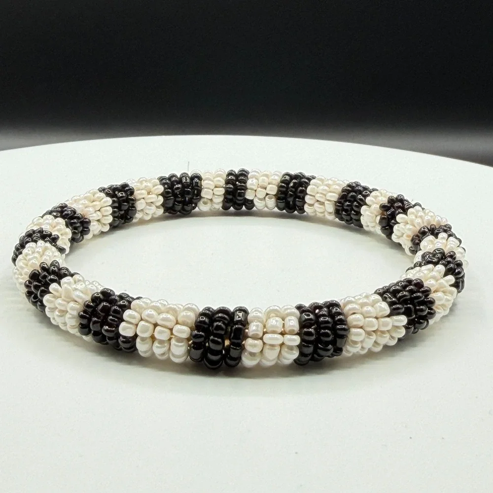 Black White Seed Bead Bangle Bracelet Boho Stretch Statement Handmade Gift Chic